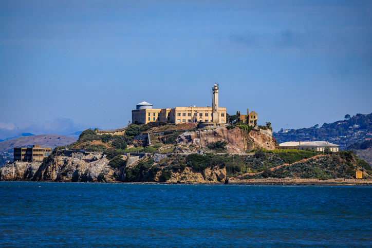Alcatraz Island, with its historic prison buildings, in the San Francisco Bay
